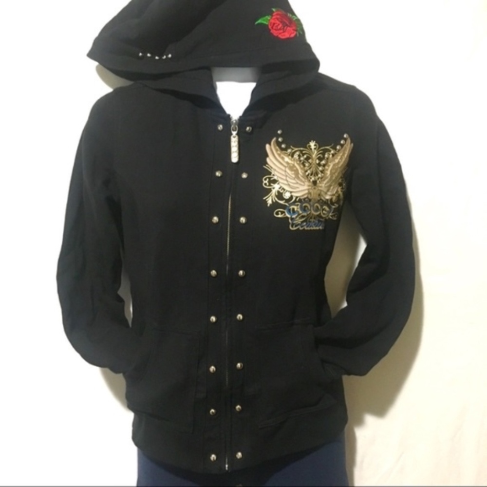 COOGI RHINESTONE STUD FLORAL EMBROIDERED HOODIE - Picture 7 of 8